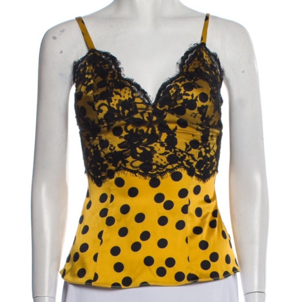 D&G Dolce & Gabbana Yellow and Black Polka Dot Silk Lace Top